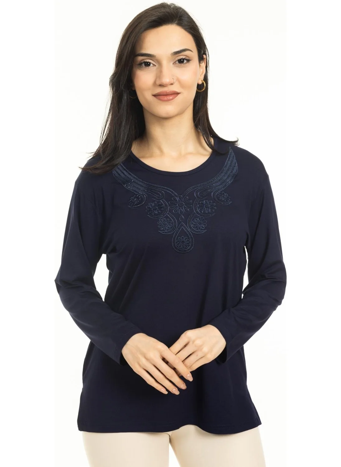 Mutlu City Women Middle Age and Above New Model Round Neck Lycra Mother Combed Cotton Blouse 30550