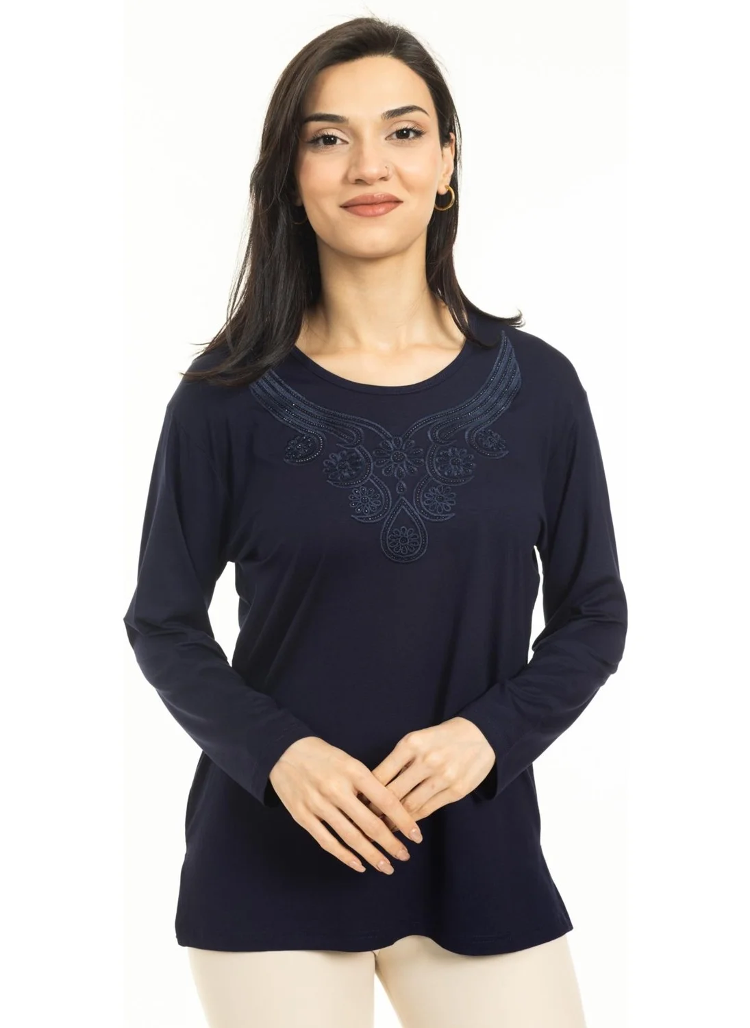 Mutlu City Women Middle Age and Above New Model Round Neck Lycra Mother Combed Cotton Blouse 30550