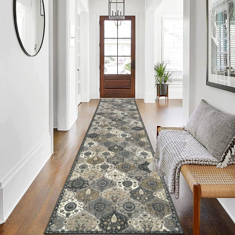 Lahome Moroccan Washable Runner Rug Non Slip 2x10 Runner Rugs for Hallway 2x10 Vintage UltraThin Throw Long Carpet for Kitchen Entryway Bedroom Laundry Room Grey