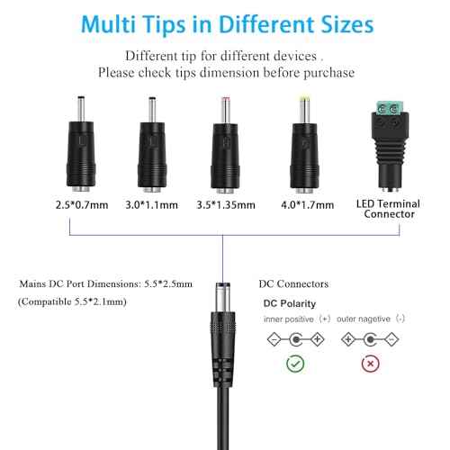 TKDY 24V 1.5A Power Supply Cord 36W AC DC Adapter, 100-240V to 24 Volt with 5 Interchangeable Tips, Compatible with LED Strip Lights, Light Diffuser, Speakers and More (Not for Charging) - Image 3