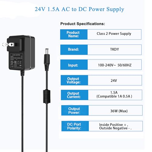 TKDY 24V 1.5A Power Supply Cord 36W AC DC Adapter, 100-240V to 24 Volt with 5 Interchangeable Tips, Compatible with LED Strip Lights, Light Diffuser, Speakers and More (Not for Charging) - Image 2