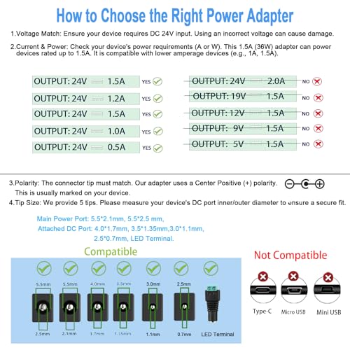 TKDY 24V 1.5A Power Supply Cord 36W AC DC Adapter, 100-240V to 24 Volt with 5 Interchangeable Tips, Compatible with LED Strip Lights, Light Diffuser, Speakers and More (Not for Charging) - Image 5