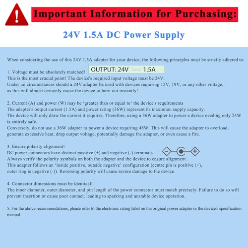 TKDY 24V 1.5A Power Supply Cord 36W AC DC Adapter, 100-240V to 24 Volt with 5 Interchangeable Tips, Compatible with LED Strip Lights, Light Diffuser, Speakers and More (Not for Charging) - Image 4