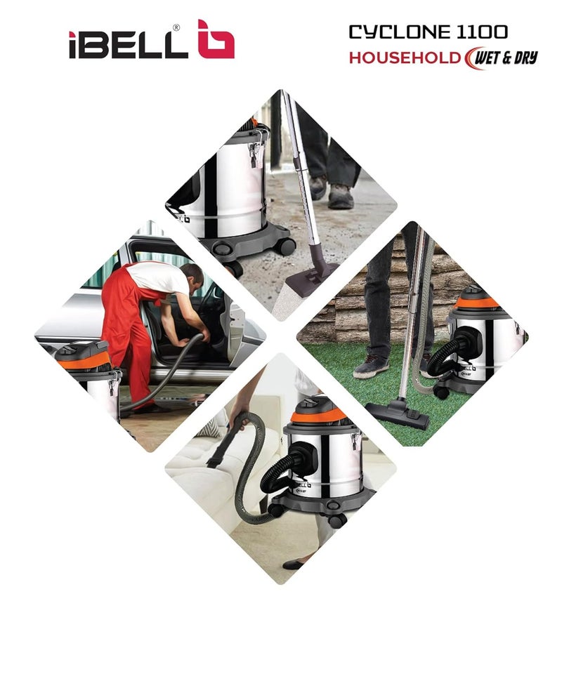 iBELL مكنسة كهربائية رطبة وجافة من IBELL طراز سايكلون 1100 بسعة 15 لتر وضغط 17 كيلو باسكال مع خزان من الفولاذ المقاوم للصدأ وفلتر HEPA - Image 3