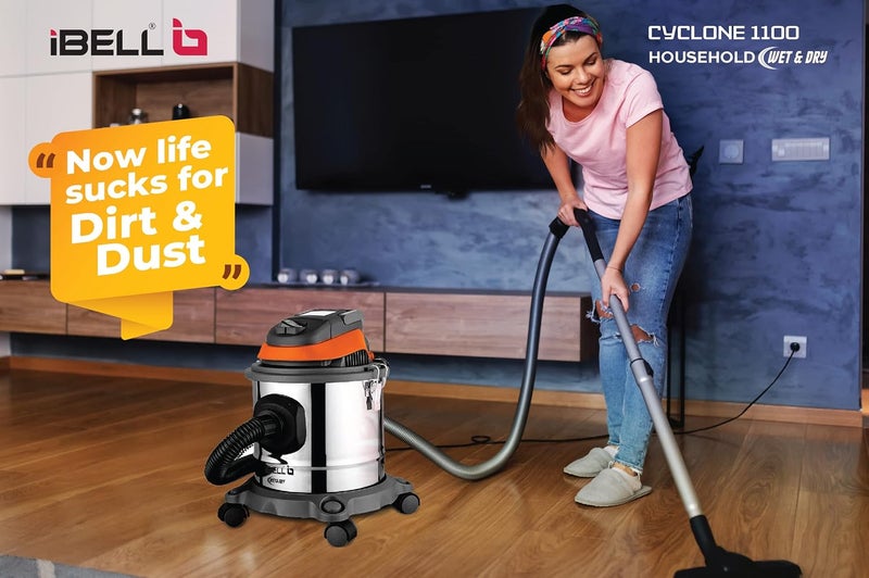 iBELL مكنسة كهربائية رطبة وجافة من IBELL طراز سايكلون 1100 بسعة 15 لتر وضغط 17 كيلو باسكال مع خزان من الفولاذ المقاوم للصدأ وفلتر HEPA - Image 4
