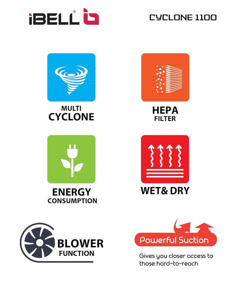 iBELL مكنسة كهربائية رطبة وجافة من IBELL طراز سايكلون 1100 بسعة 15 لتر وضغط 17 كيلو باسكال مع خزان من الفولاذ المقاوم للصدأ وفلتر HEPA - Image 2