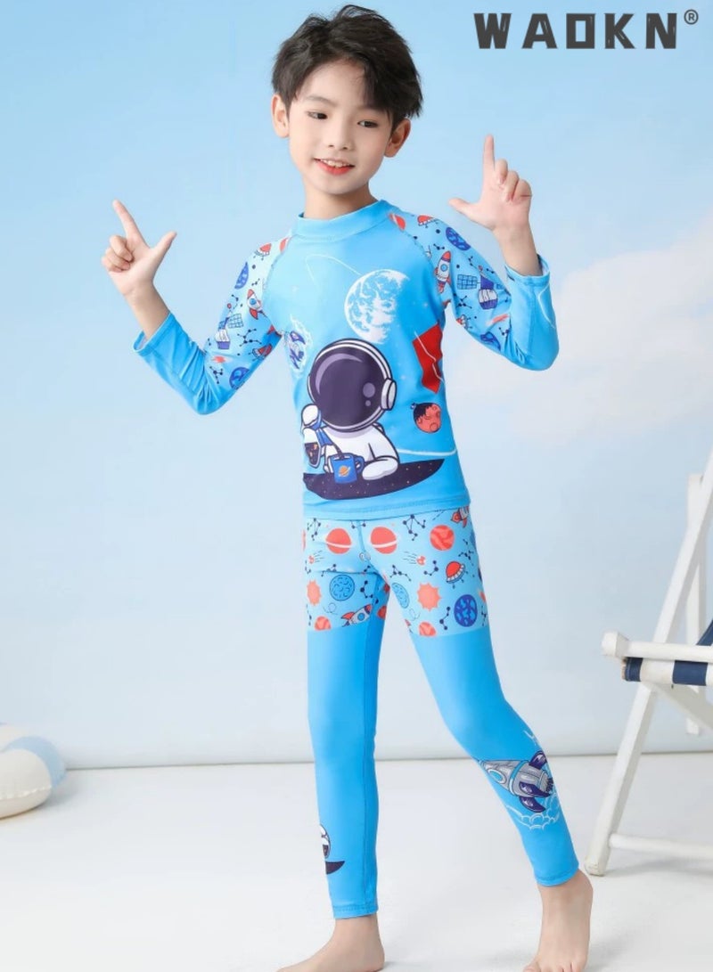 WAOKN Summer New Kids 2-Piece Space Science Swimsuit, High Elastic Long Sleeve One-Piece Sun Protection Swimwear, Outdoor Quick Dry Jellyfish Swimming Suit, Conservative Breathable Beach Surfing Costume for Boys Girls 3-12 Years Old - Image 3