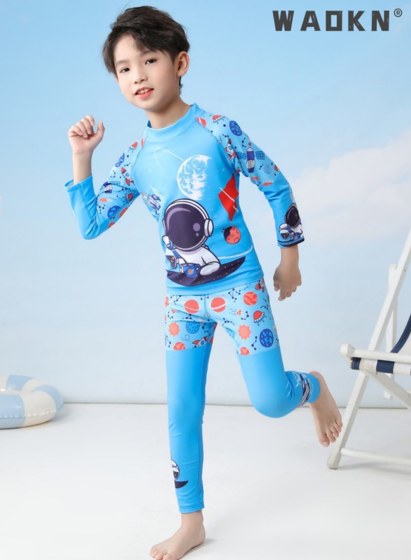 WAOKN Summer New Kids 2-Piece Space Science Swimsuit, High Elastic Long Sleeve One-Piece Sun Protection Swimwear, Outdoor Quick Dry Jellyfish Swimming Suit, Conservative Breathable Beach Surfing Costume for Boys Girls 3-12 Years Old - Image 2