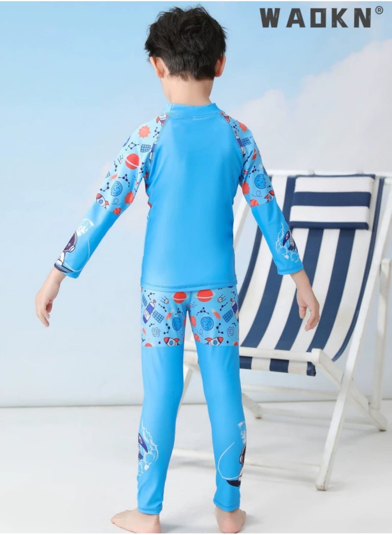WAOKN Summer New Kids 2-Piece Space Science Swimsuit, High Elastic Long Sleeve One-Piece Sun Protection Swimwear, Outdoor Quick Dry Jellyfish Swimming Suit, Conservative Breathable Beach Surfing Costume for Boys Girls 3-12 Years Old - Image 4