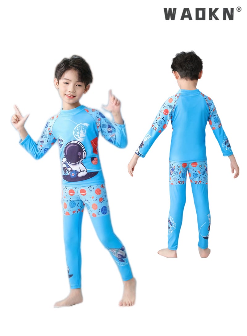 WAOKN Summer New Kids 2-Piece Space Science Swimsuit, High Elastic Long Sleeve One-Piece Sun Protection Swimwear, Outdoor Quick Dry Jellyfish Swimming Suit, Conservative Breathable Beach Surfing Costume for Boys Girls 3-12 Years Old - Image 1