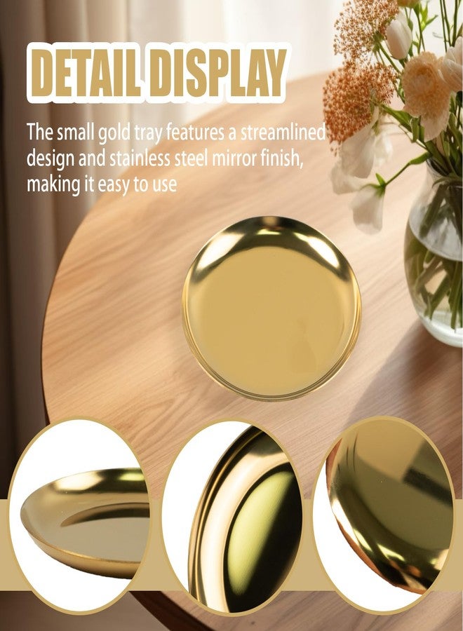 GTILE 6 PCS Stainless Steel Gold Jewelry Dish, 4 Inch Trinket Tray, Round Serving Trays, Candle Plate, Mini Storage Organizer Trays for Jewelry Cosmetics (Golden) - Image 3