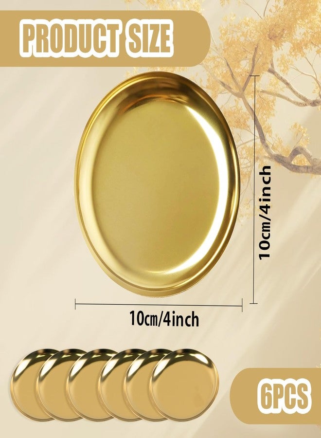 GTILE 6 PCS Stainless Steel Gold Jewelry Dish, 4 Inch Trinket Tray, Round Serving Trays, Candle Plate, Mini Storage Organizer Trays for Jewelry Cosmetics (Golden) - Image 2