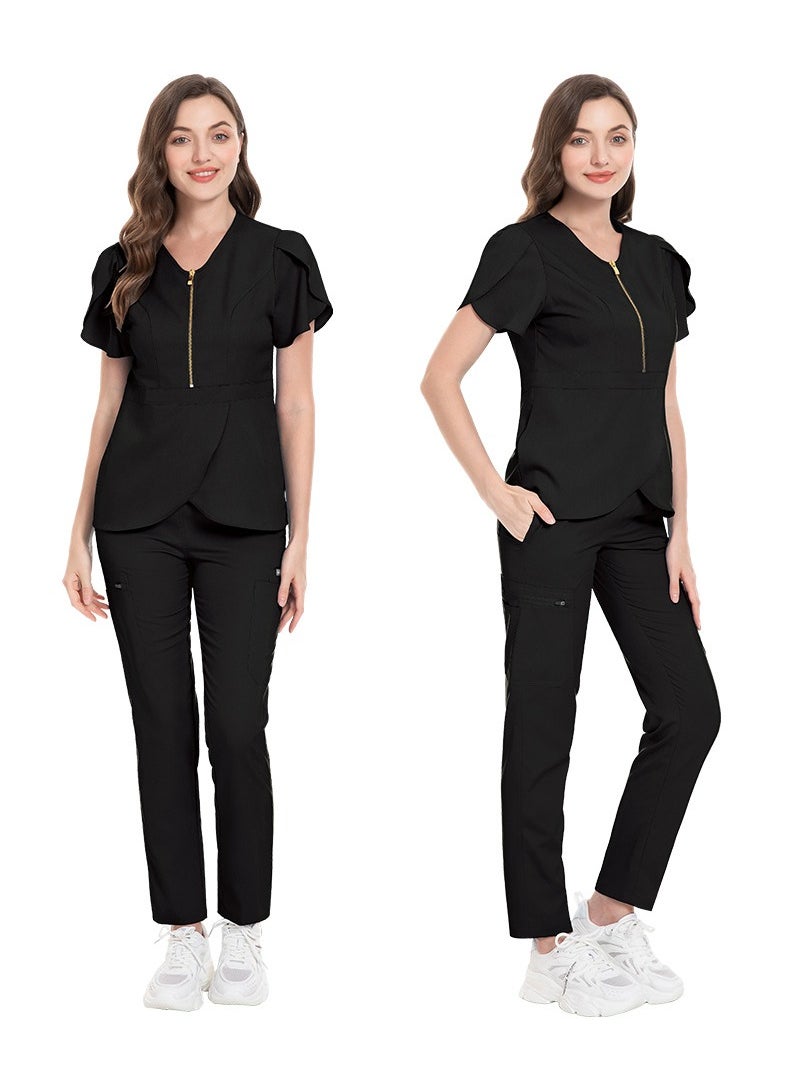 Loquat Womens Slim Fit Medical Uniform Scrubs 2 Piece Set V-Neck Zipper Top and Elastic Waist Pants Suit Black  - Image 2