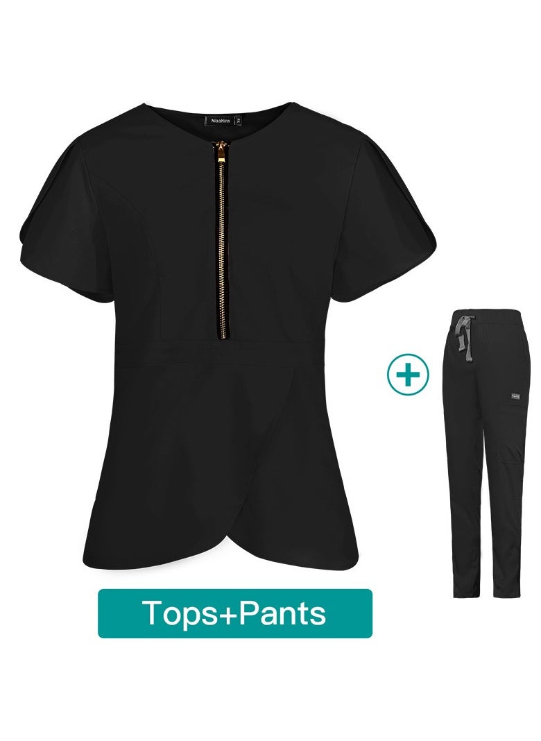 Loquat Womens Slim Fit Medical Uniform Scrubs 2 Piece Set V-Neck Zipper Top and Elastic Waist Pants Suit Black  - Image 3