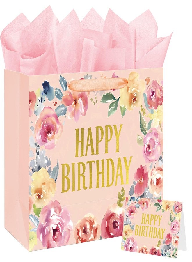 Laidans 16.5" Extra Large Happy Birthday Gift Bag with Card and Tissue Papers, Handles Floral Design for Women Girls Birthday Party (16.5" Pink) - Image 1