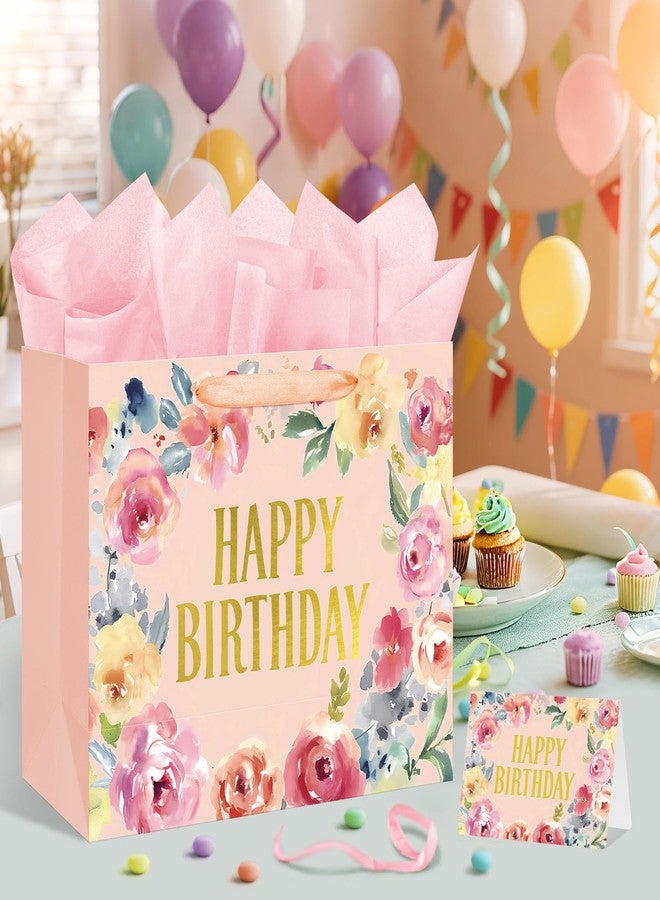 Laidans 16.5" Extra Large Happy Birthday Gift Bag with Card and Tissue Papers, Handles Floral Design for Women Girls Birthday Party (16.5" Pink) - Image 5