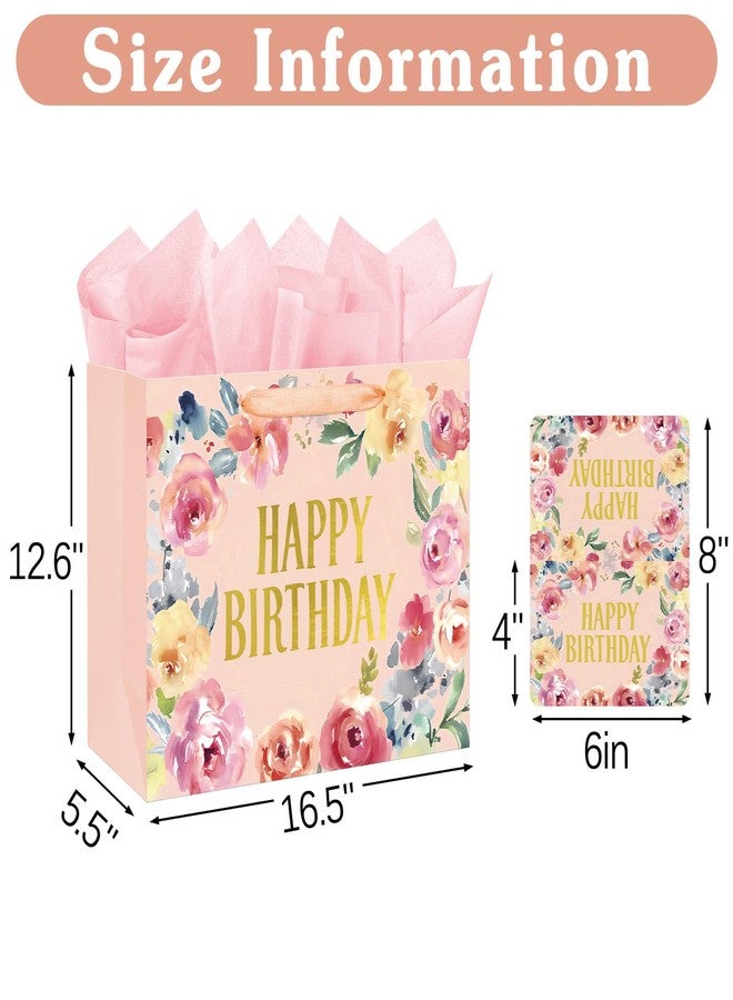 Laidans 16.5" Extra Large Happy Birthday Gift Bag with Card and Tissue Papers, Handles Floral Design for Women Girls Birthday Party (16.5" Pink) - Image 2