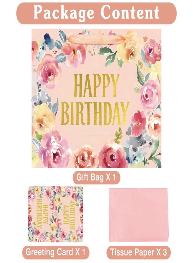 Laidans 16.5" Extra Large Happy Birthday Gift Bag with Card and Tissue Papers, Handles Floral Design for Women Girls Birthday Party (16.5" Pink) - Image 3