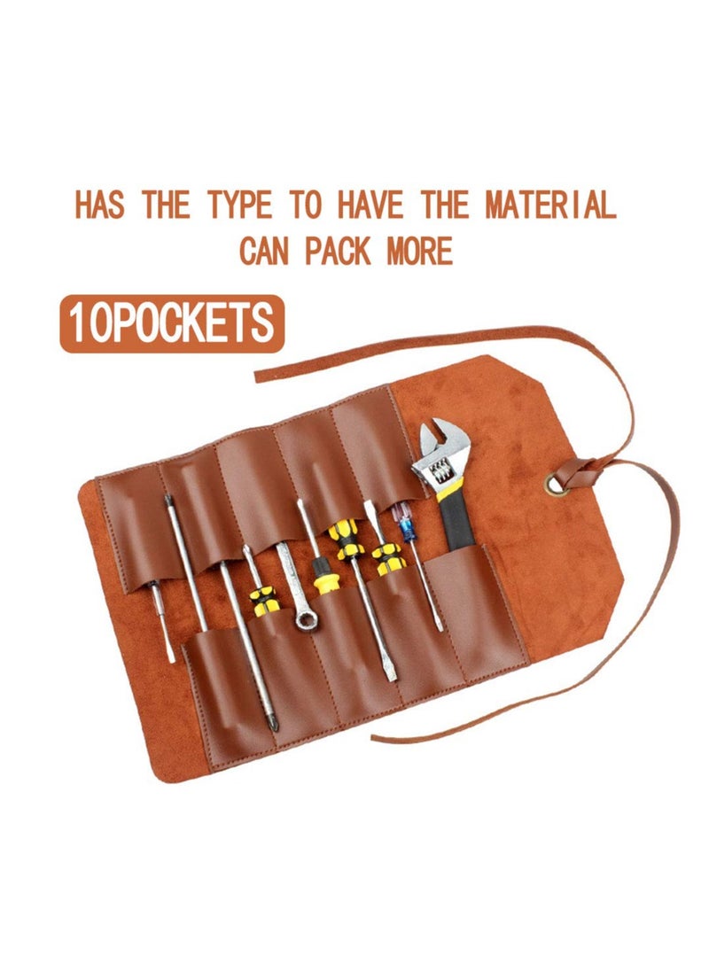 SYOSI - Tool Roll Leather Bag Pouch, Multi-Purpose Canvas Tool Roll, Wrench Roll Pouch, Roll Up Tool Bag, Tool Organisers, 10 Pockets Multi Purpose Organizer Wrap for Woodworking Plier Spanner Wrench - Image 1