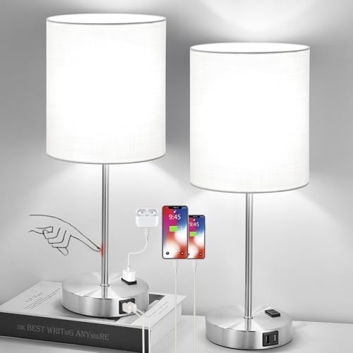 Lynnoland 𝟮𝟬𝟮𝟯 𝗡𝗘𝗪 Set of 2 Touch White Table Lamps with 2 USB Ports & AC Outlet, 3-Way Dimmable Bedside Nightstand Lamps for Bedroom Living Room Nursery , 800 Lumens 5000K Daylight Bulbs Included - Image 1