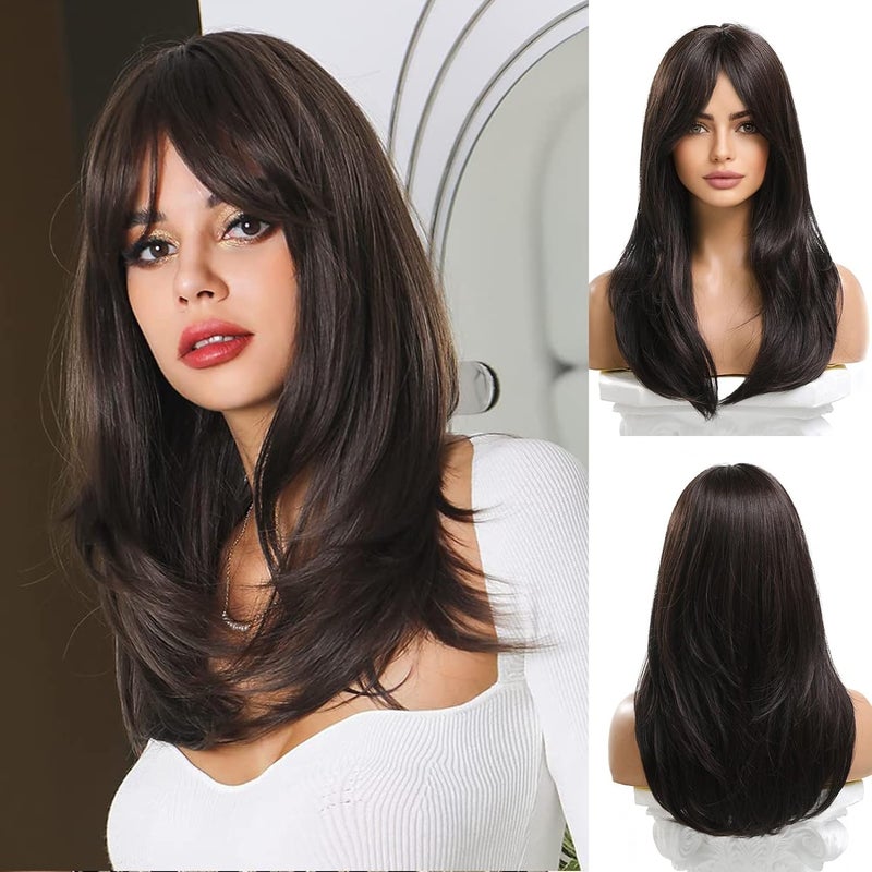 Esmee 20 Inches Long Straight Black Brown Layered Synthetic Hair Wigs for Women with Bangs for Daily Party