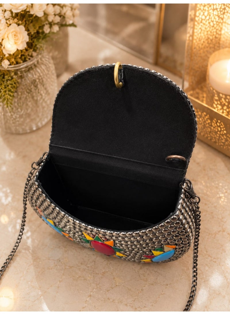 Metallic Studded Shoulder Bag with Colorful Geometric Embellishments - Image 1