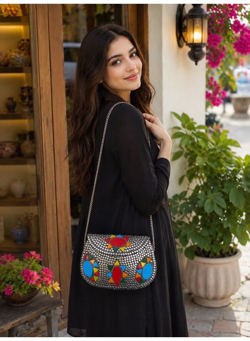 Metallic Studded Shoulder Bag with Colorful Geometric Embellishments - Image 2