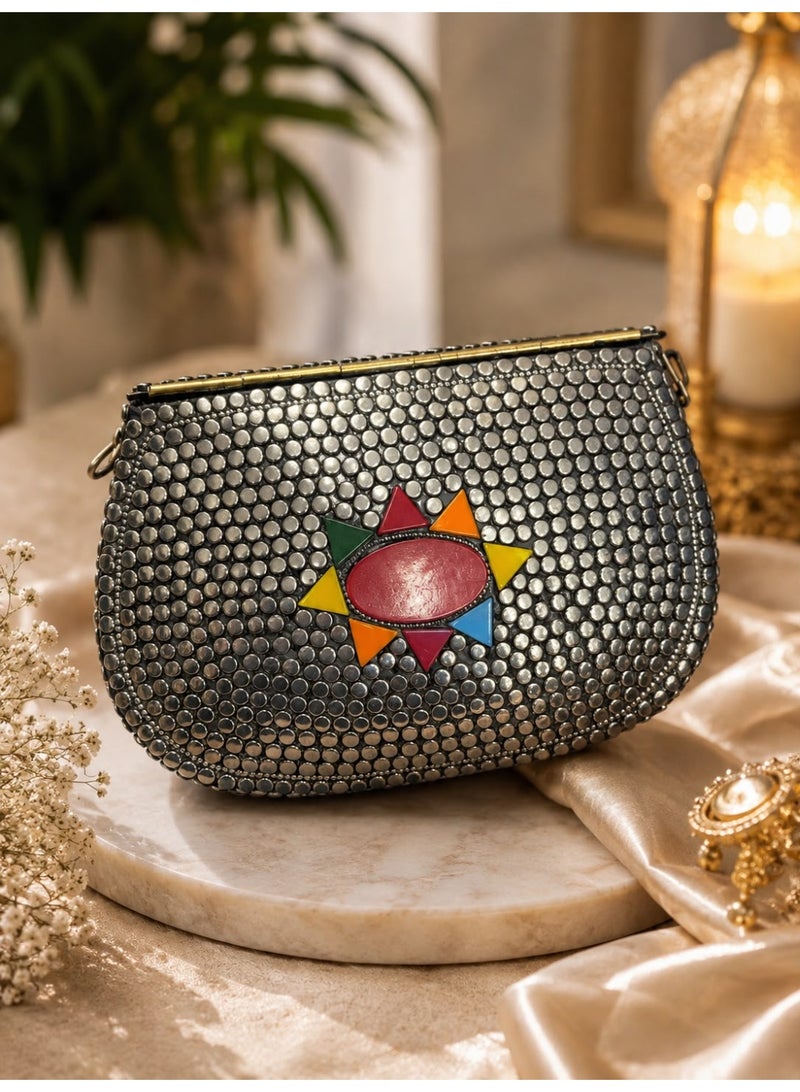 Metallic Studded Shoulder Bag with Colorful Geometric Embellishments - Image 4