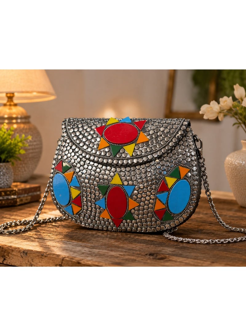 Metallic Studded Shoulder Bag with Colorful Geometric Embellishments - Image 3