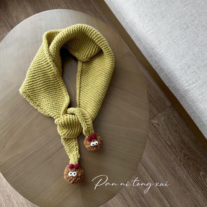 Kids Triangle Knit Scarf with Pom-Poms Winter Warm Mustard yellow  - Image 1