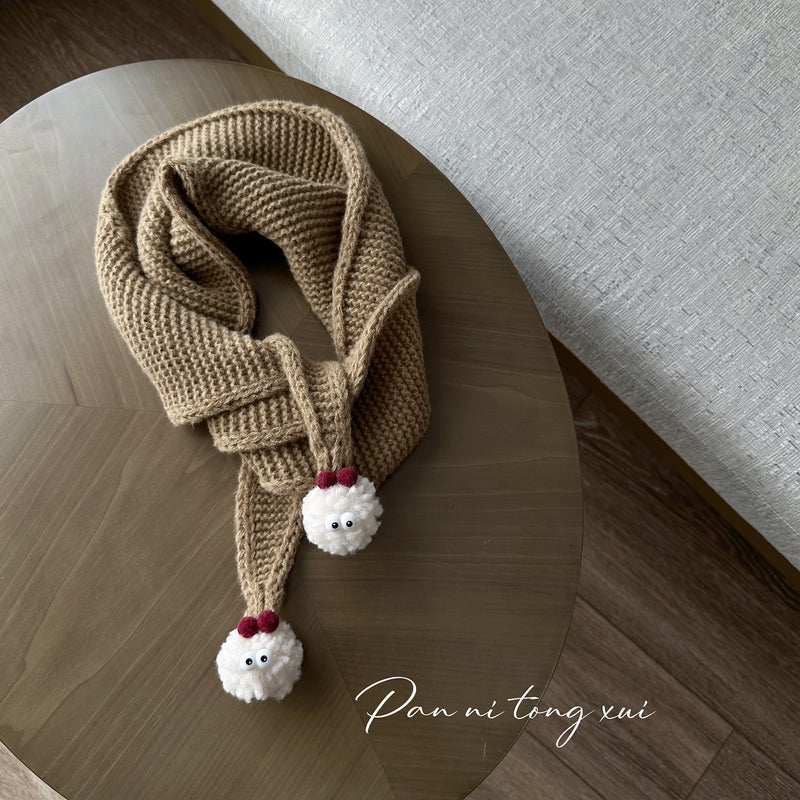 Kids Triangle Knit Scarf with Pom-Poms Winter Warm Mustard yellow  - Image 3