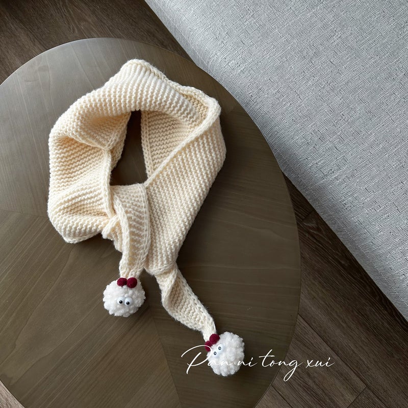 Kids Triangle Knit Scarf with Pom-Poms Winter Warm Mustard yellow  - Image 2