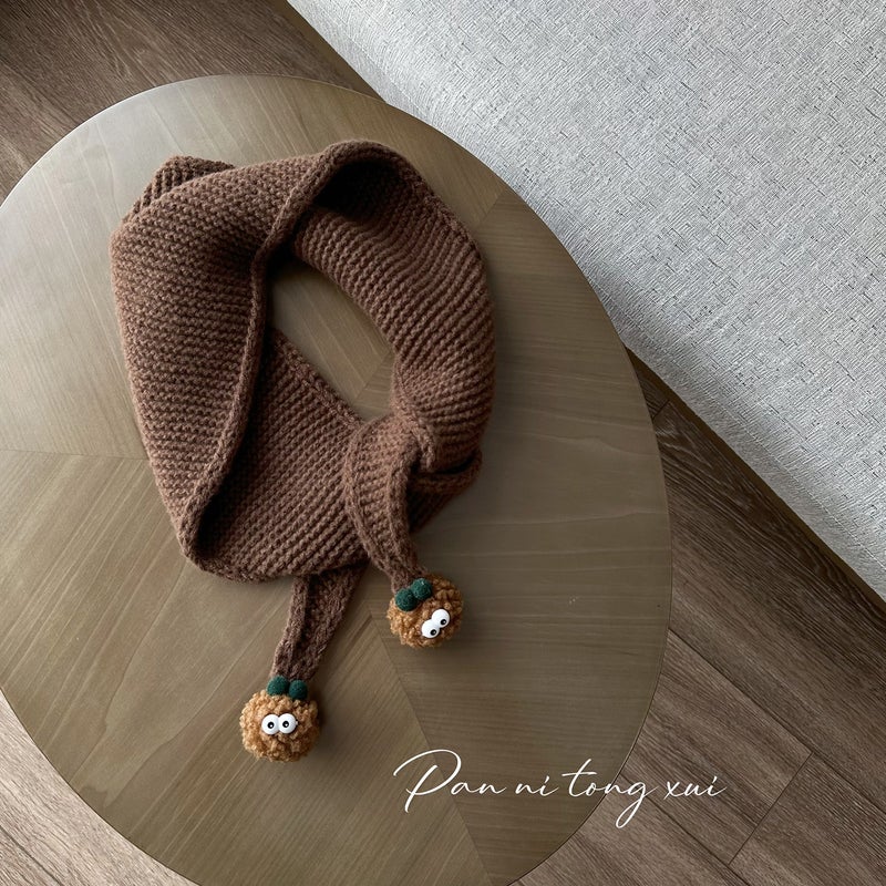 Kids Triangle Knit Scarf with Pom-Poms Winter Warm Mustard yellow  - Image 4
