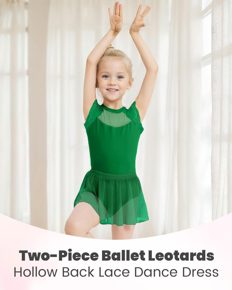 Gogokids Ballet Leotards for Girls Dance Leotards Toddler Hollow Back Lace Dance Dress with Removable Skirt Combo, Deep Green(120/4-5T) - Image 4