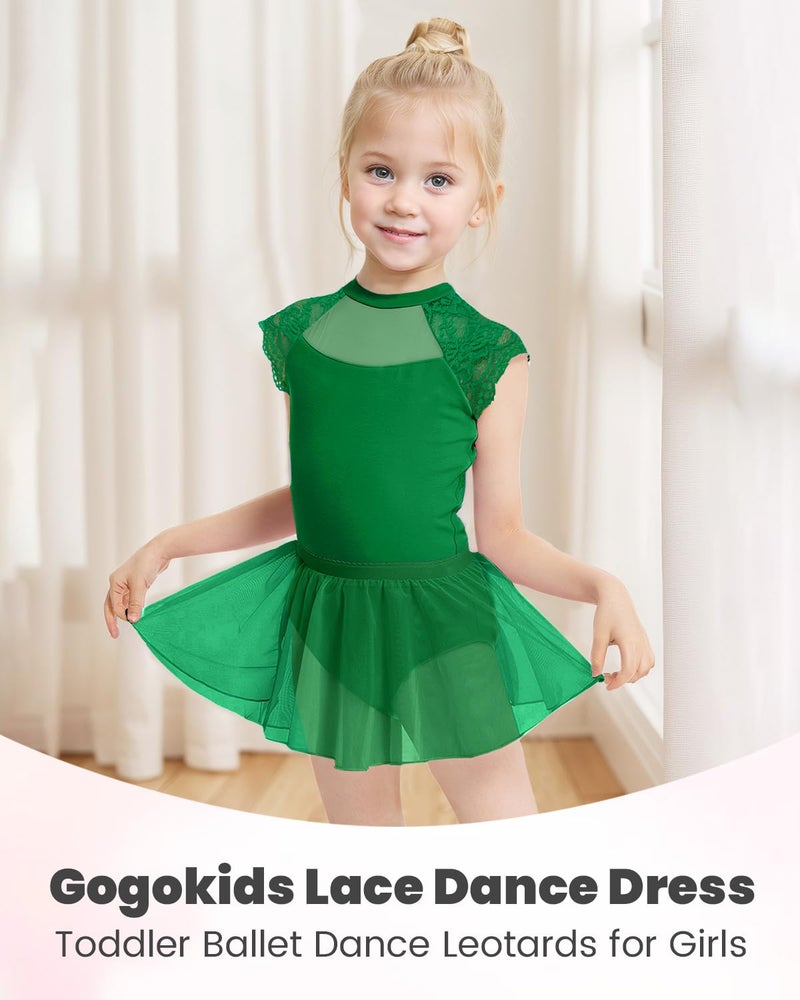 Gogokids Ballet Leotards for Girls Dance Leotards Toddler Hollow Back Lace Dance Dress with Removable Skirt Combo, Deep Green(120/4-5T) - Image 2