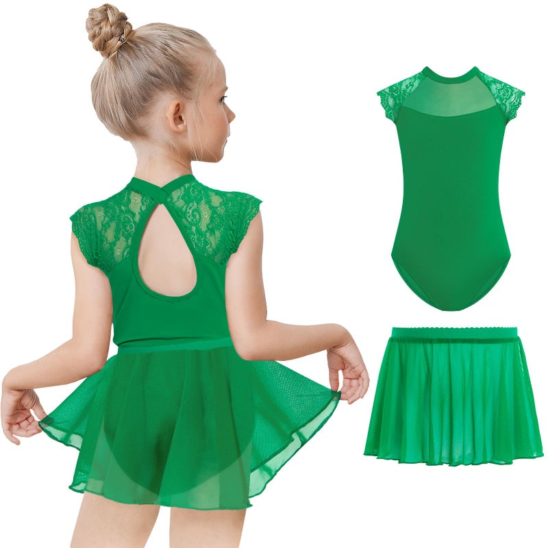 Gogokids Ballet Leotards for Girls Dance Leotards Toddler Hollow Back Lace Dance Dress with Removable Skirt Combo, Deep Green(120/4-5T) - Image 1
