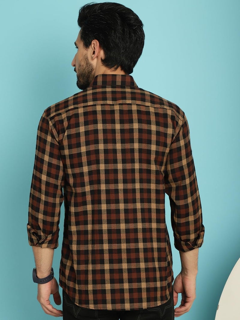 Indian Needle Men's Cotton Checkered Casual Shirt with Spread Collar - Image 2