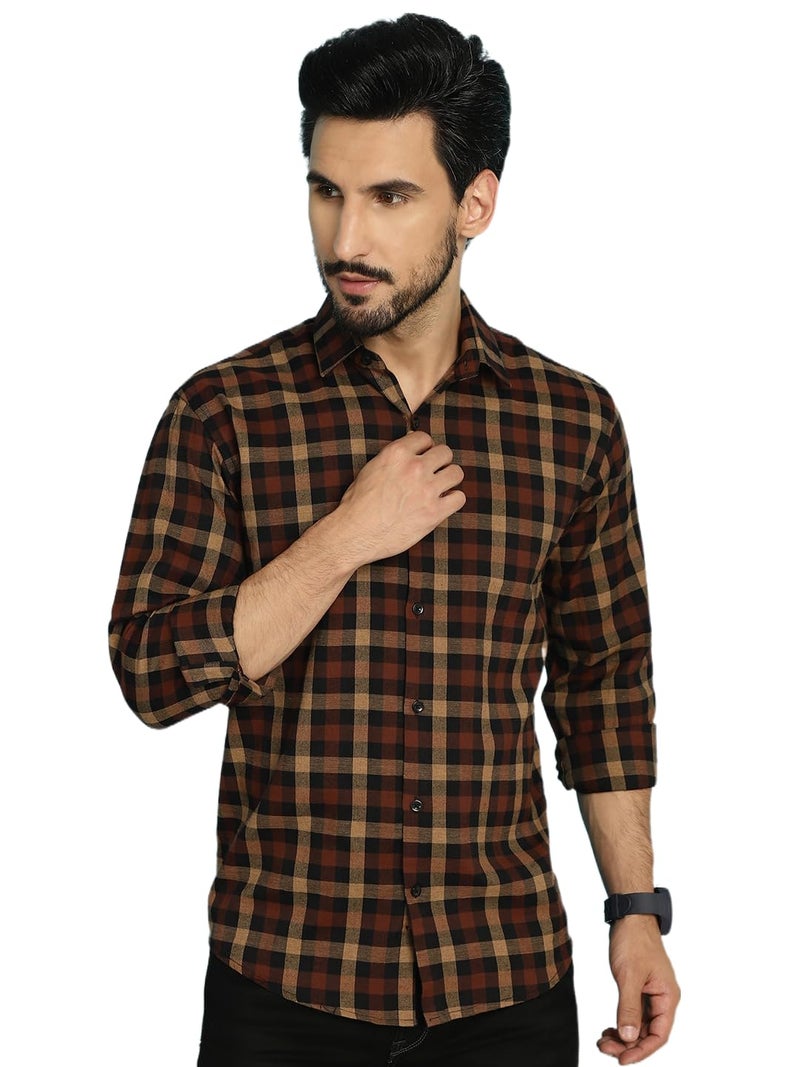 Indian Needle Men's Cotton Checkered Casual Shirt with Spread Collar - Image 1