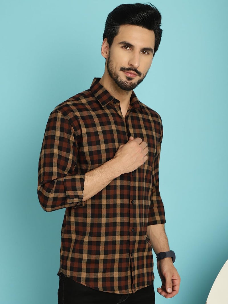 Indian Needle Men's Cotton Checkered Casual Shirt with Spread Collar - Image 3