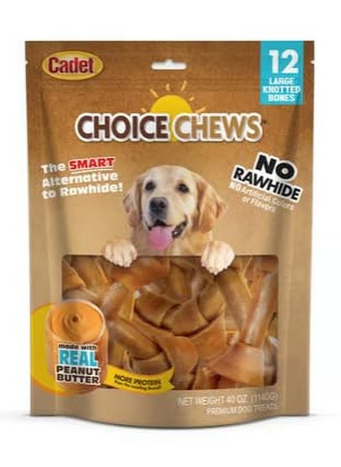 Cadet Choice Chews 12 Large Knotted Bones no Rawhide no Artificial Colors or Flavors, Made with Real Peanut Butter 40 OZ