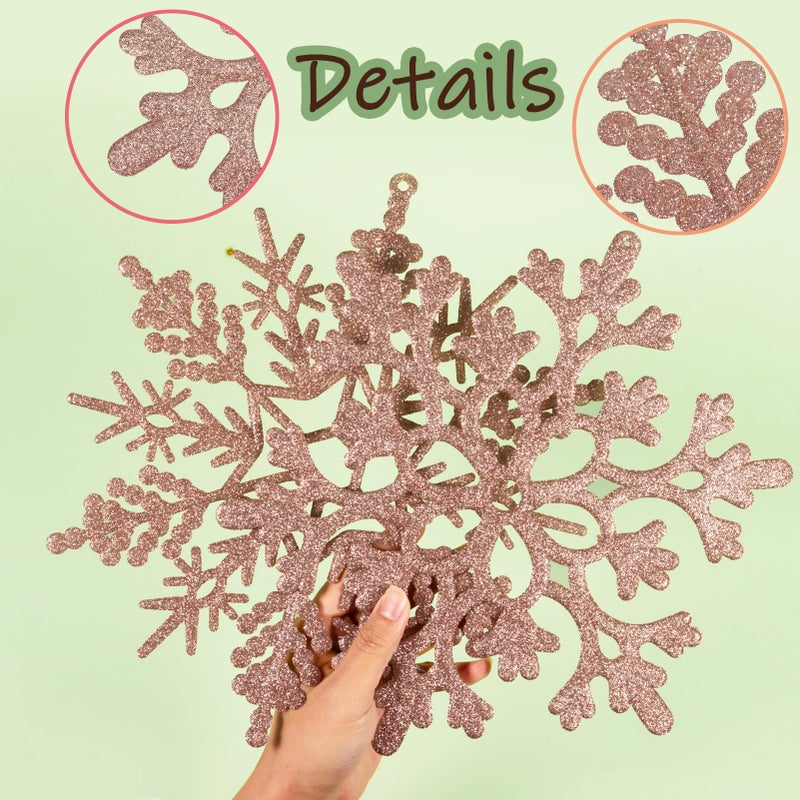 kockuu 6pcs Large Snowflakes Ornaments Rose Gold 12  Big Plastic Glitter Snowflake for Winter Indoor Outdoor Christmas Tree Window Room Decorations Giant Craft Snowflakes - Image 4