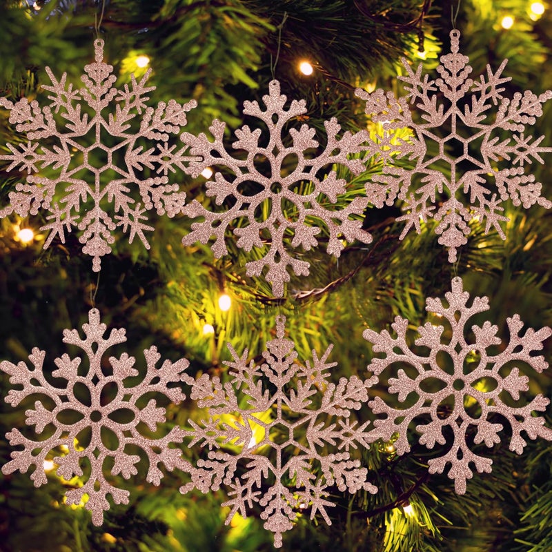 kockuu 6pcs Large Snowflakes Ornaments Rose Gold 12  Big Plastic Glitter Snowflake for Winter Indoor Outdoor Christmas Tree Window Room Decorations Giant Craft Snowflakes - Image 1