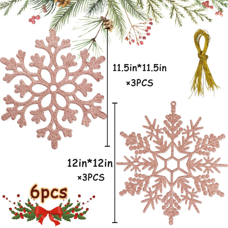 kockuu 6pcs Large Snowflakes Ornaments Rose Gold 12  Big Plastic Glitter Snowflake for Winter Indoor Outdoor Christmas Tree Window Room Decorations Giant Craft Snowflakes - Image 3