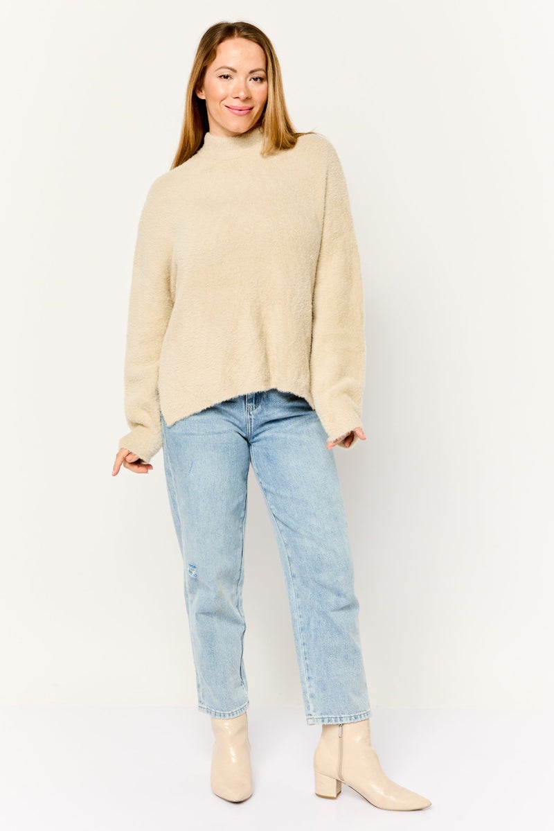 Don't Call Me Jennyfer Women Mock Neck Long Sleeves Textured Sweaters, Beige - Image 2