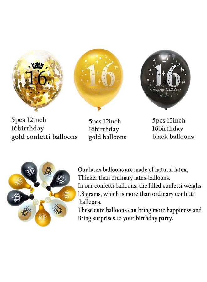 Jonhamwelbor Sweet 16th Birthday Balloons Gold and Black Party Decorations 15 Pack 12 inch Latex and Confetti Balloon Printed with Happy Birthday 16 for Girl Boy - Image 2