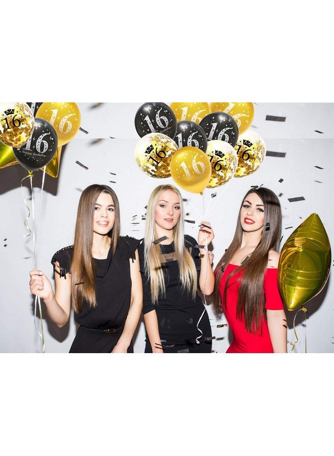 Jonhamwelbor Sweet 16th Birthday Balloons Gold and Black Party Decorations 15 Pack 12 inch Latex and Confetti Balloon Printed with Happy Birthday 16 for Girl Boy - Image 3