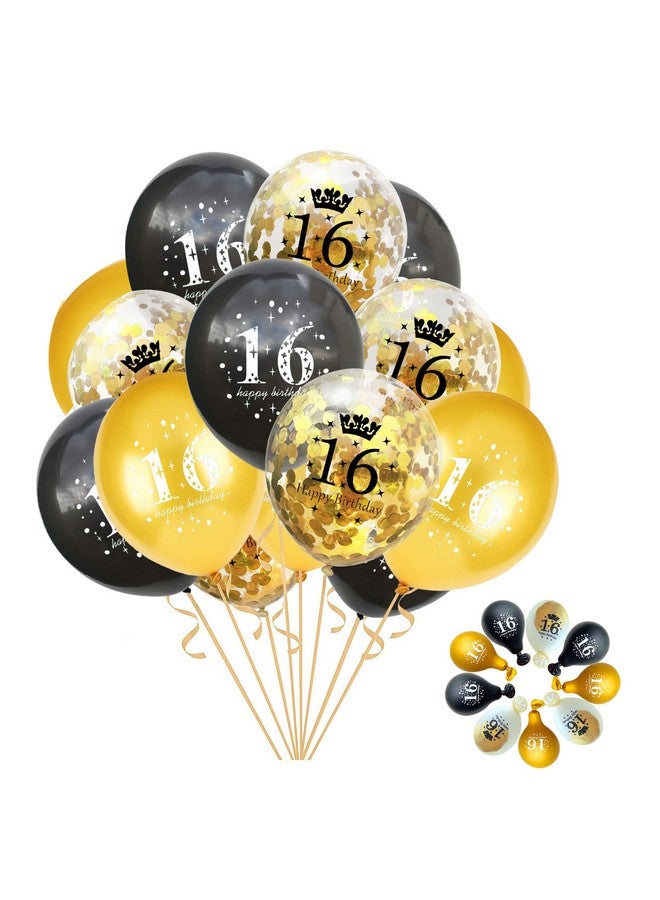 Jonhamwelbor Sweet 16th Birthday Balloons Gold and Black Party Decorations 15 Pack 12 inch Latex and Confetti Balloon Printed with Happy Birthday 16 for Girl Boy - Image 1