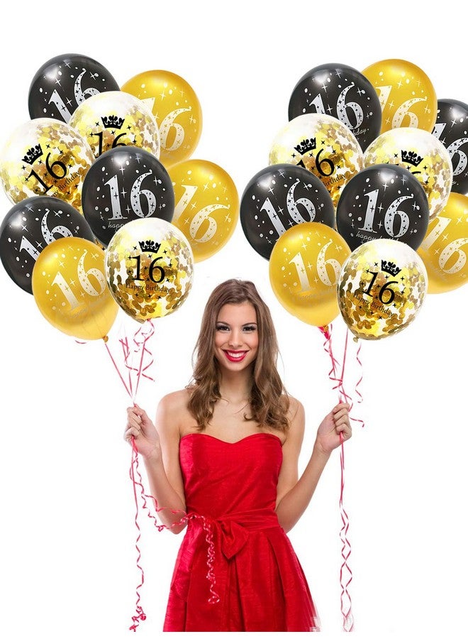 Jonhamwelbor Sweet 16th Birthday Balloons Gold and Black Party Decorations 15 Pack 12 inch Latex and Confetti Balloon Printed with Happy Birthday 16 for Girl Boy - Image 4