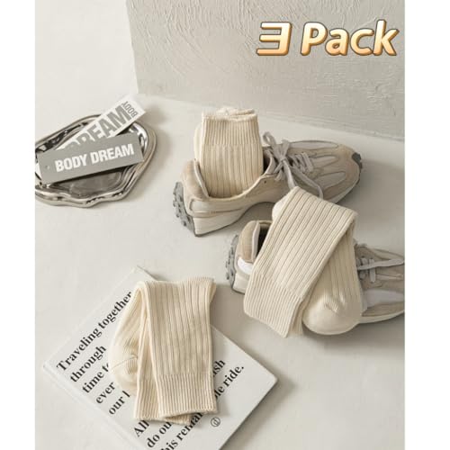 MANGMAO 3 Pairs Crew Socks for Women Cute Fall Knit Cotton Socks Crochet Aesthetic Long Slouch Socks Gifts for Women (Beige-3 Pack,One Size,One Size) - Image 2