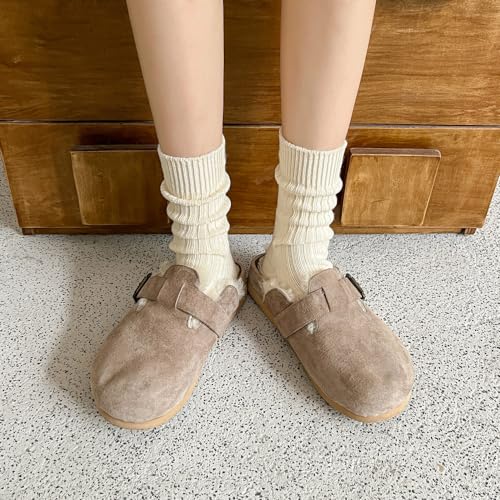 MANGMAO 3 Pairs Crew Socks for Women Cute Fall Knit Cotton Socks Crochet Aesthetic Long Slouch Socks Gifts for Women (Beige-3 Pack,One Size,One Size) - Image 3